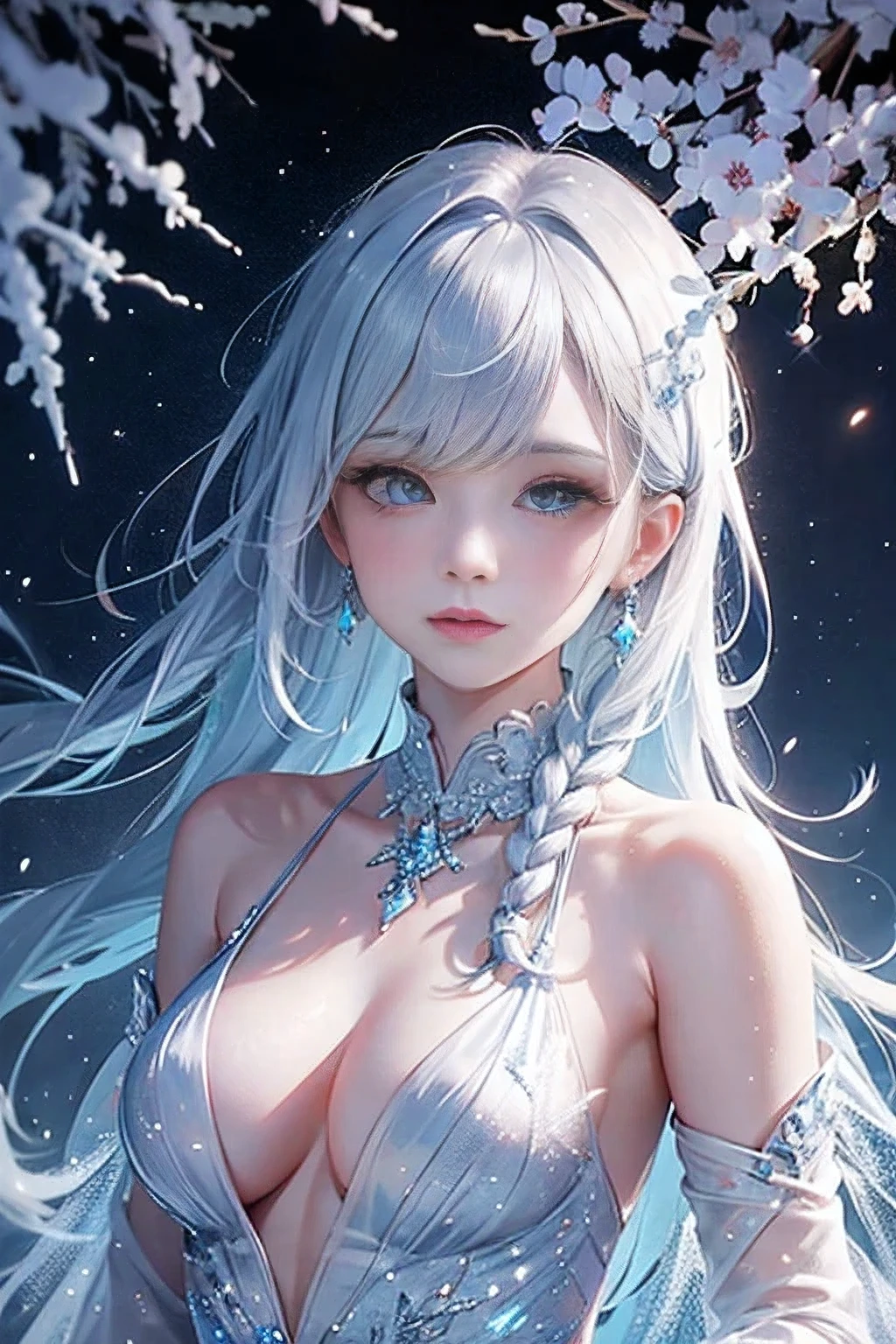 wood, Detailed mini ice spikes and crystals, Frozen waterfall as background, Light reflected on ice crystals, Flowing snowflakes.Beautiful woman、cutegirl
