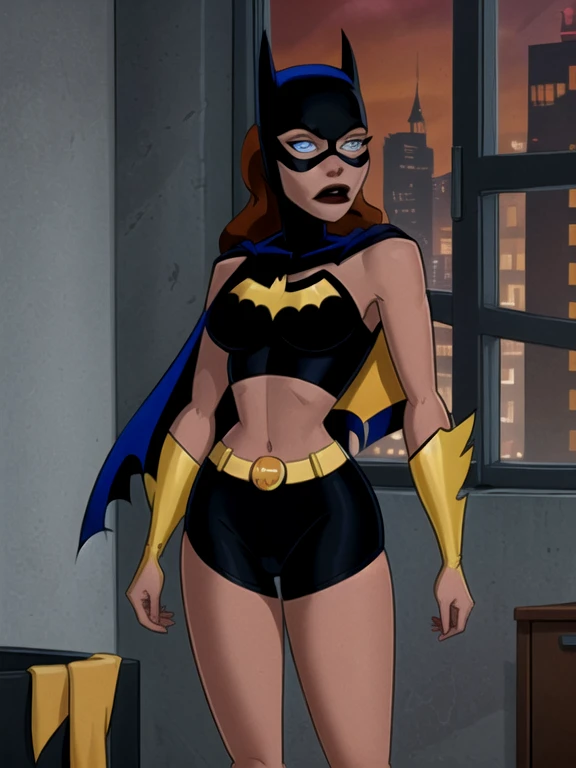 score_9, score_8_up, score_7_up, score_6_up, 1girl, solo, batgirl is posturingin  gym, , black lips, red hair, , black sportswear, sideboob, pointy breasts, cape, yellow panties,in windowviewof gotham city, red sky, dirigible, (icy blue eyes), full body