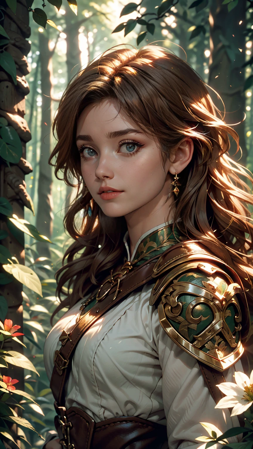 White skin, Detailed beautiful young woman, Reddish golden brown hair, length, Wavy messy hair, Perfect green eye detail, Delicate, symmetrical, realistic and beautiful face, (Magical forest background),  Ranger Costume Leather Armor, Fairy, Wildflowers that blend into your hair, whole body, masterpiece, Absurd,The finer details, Rich colors, Dramatic lighting, Very detailed, Cinema Lighting