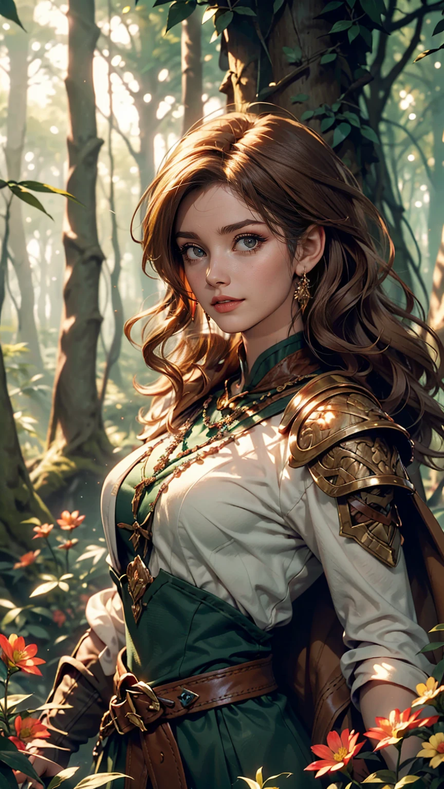 White skin, Detailed beautiful young woman, Reddish golden brown hair, length, Wavy messy hair, Perfect green eye detail, Delicate, symmetrical, realistic and beautiful face, (Magical forest background), Ranger Costume Leather Armor, Fairy, Wildflowers that blend into your hair, whole body, masterpiece, Absurd,The finer details, Rich colors, Dramatic lighting, Very detailed, Cinema Lighting