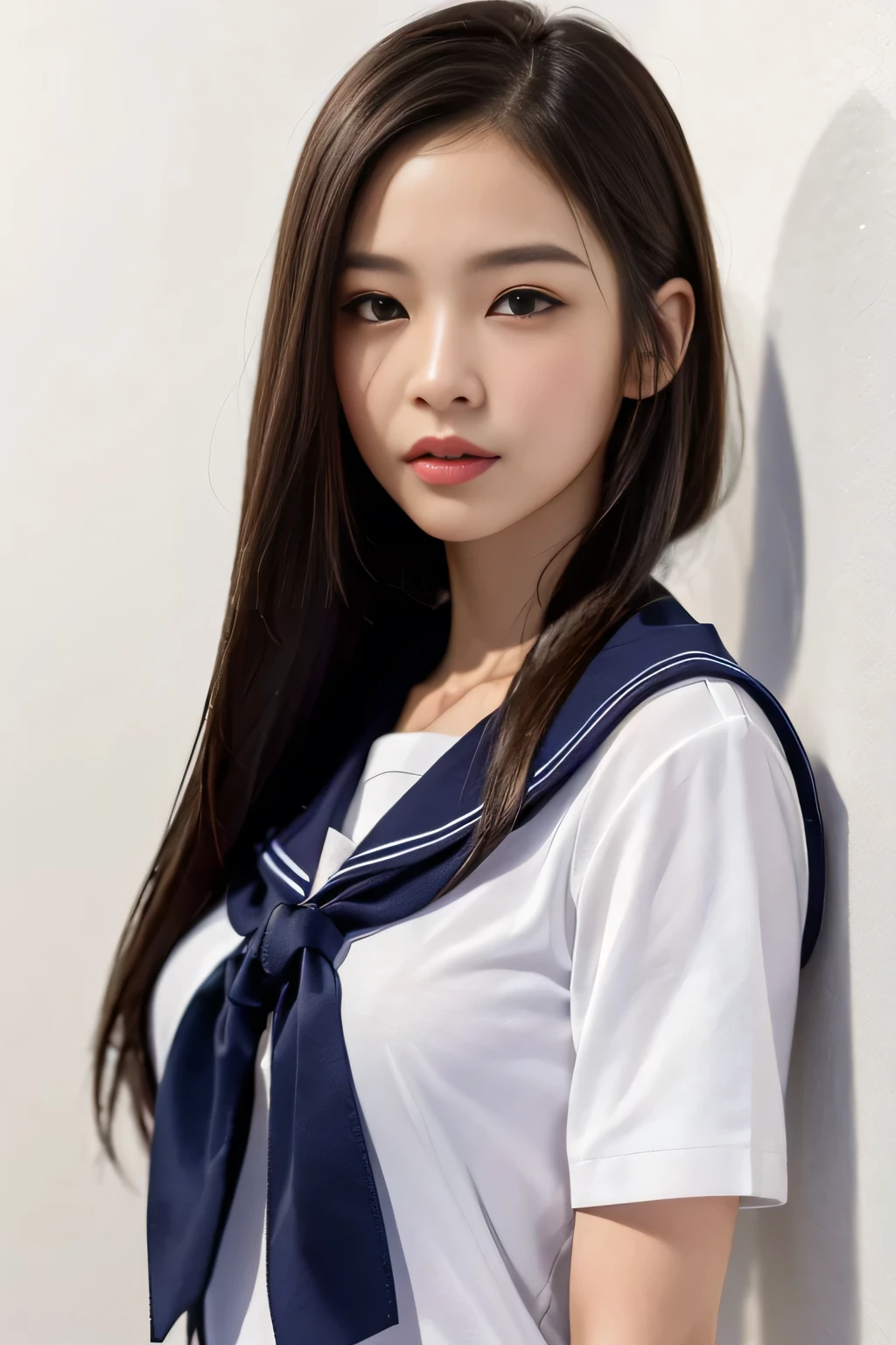 (highest quality、8k、32k、masterpiece)、(RAW Photos)、(Realistic)、(Photorealistic:1.2)、(High resolution)、Very detailed、Very beautiful face and eyes、1 girl、Round and small face、Narrow waist、Delicate body、(highest quality、Attention to detail、Rich skin detail)、(highest quality、8k、Oil paint:1.2)、Very detailed、(Realistic、Realistic:1.37)、Bright colors、(((Semi-long hair)))、Black Hair、Black Hair1.39、(((This is a stylish hairstyle)))、(((Upper Body)))、(((White Background)))、(((Pure white wall background)))、(((Wearing a sailor uniform)))、(((Pure white wall background)))、(((It is a sailor suit with short sleeves)))、(((It&#39;s a gentle smile)))、(((Laughter)))、(((Wearing a heart-shaped necklace)))、(((I am Black Hair)))、(((The ribbon on the chest is red)))、(((Arms crossed)))、(((I have a naughty look)))、(((I'm licking my own fingers)))