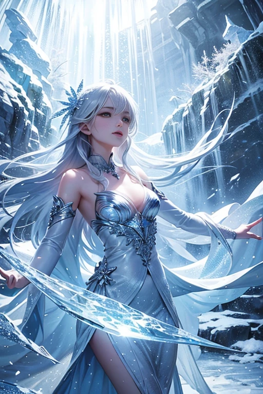 wood, Detailed mini ice spikes and crystals, Frozen waterfall as background, Light reflected on ice crystals, Flowing snowflakes.Beautiful woman、white hair、cutegirl,Realistic people,black dress