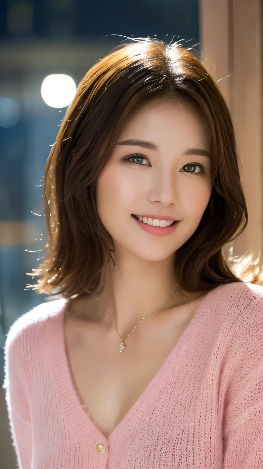 ((night, Realistic Light, highest quality, 8k, masterpiece: 1.3)), One girl, Slim Beauty: 1.4, Abdominal muscles: 1.1, (Brown Hair, Medium chest: 1.3), Pink long sweater: 1.1, Bathroom, Very beautiful face, Delicate eyes, double eyelid, smile, necklace