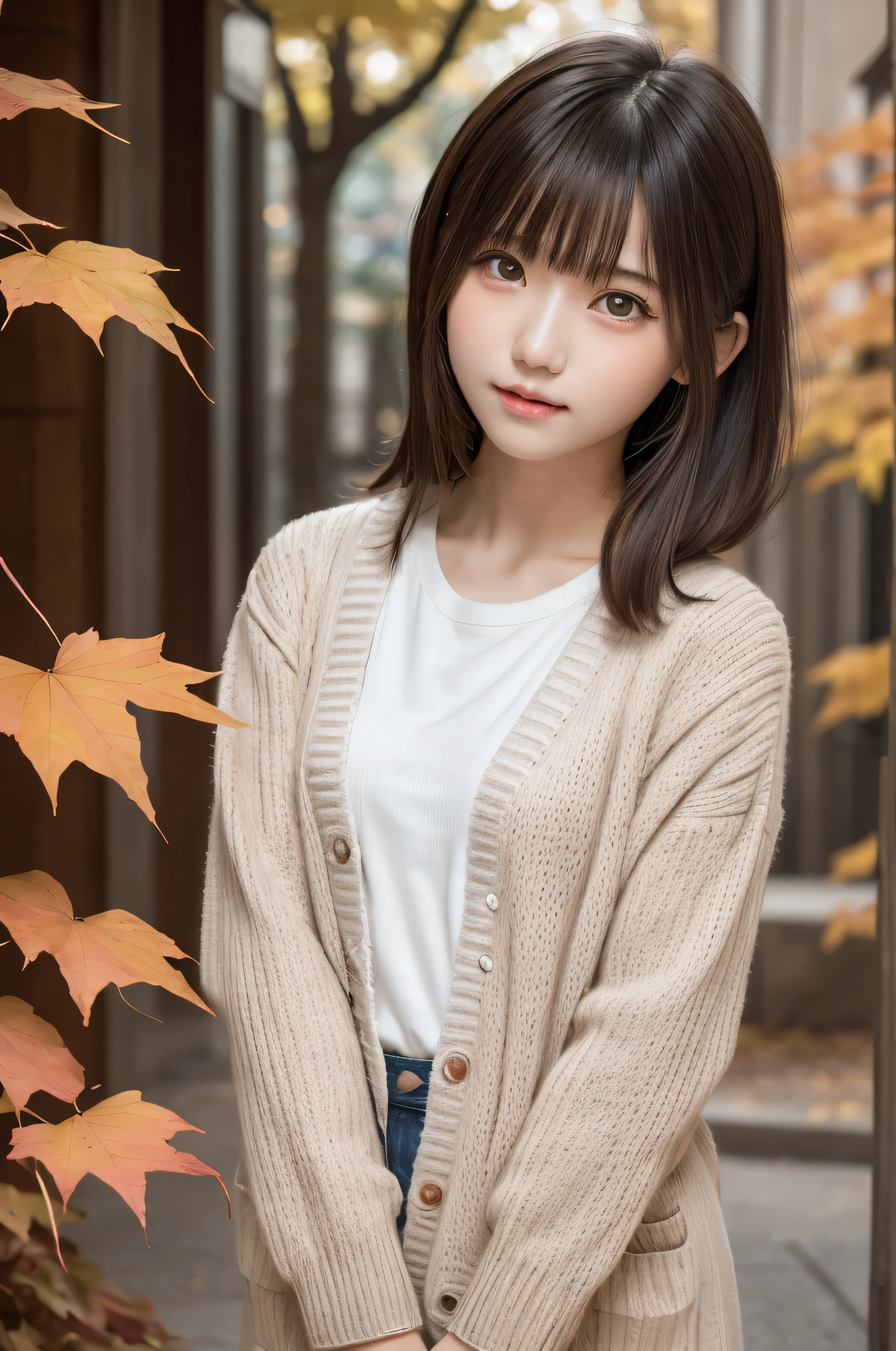 Tabletop, highest quality, One girl, (Beautiful girl, cute:1.3), (:1.3), Very fine grain definition, (Symmetrical eyes:1.3), (autumn leaves), (Tilden Cardigan:1.2), Small breasts, Brown eyes, Parted bangs, Brown Hair, girl