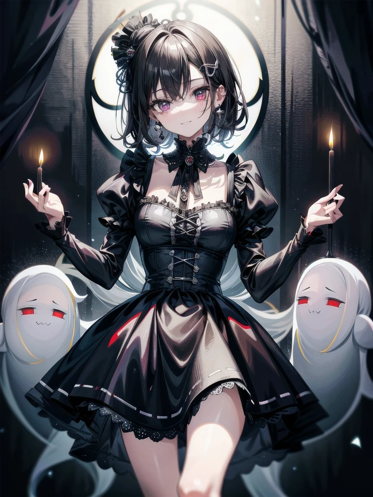 whole body, (inside basement), skirt, shirt, long sleeves, frills, evil grin, creepy, candles, hair ornament, (ghosts), dolls, tapestry, horror theme, absurdres, RAW photo, extremely delicate and beautiful, masterpiece, Best Quality, ultra high resolution, 32k, hyperrealistic, ultra-detailed, detailed description, pale skin, 20 years old, tearful mole, earring, Colossal tits, short medium hair, wavy hair,