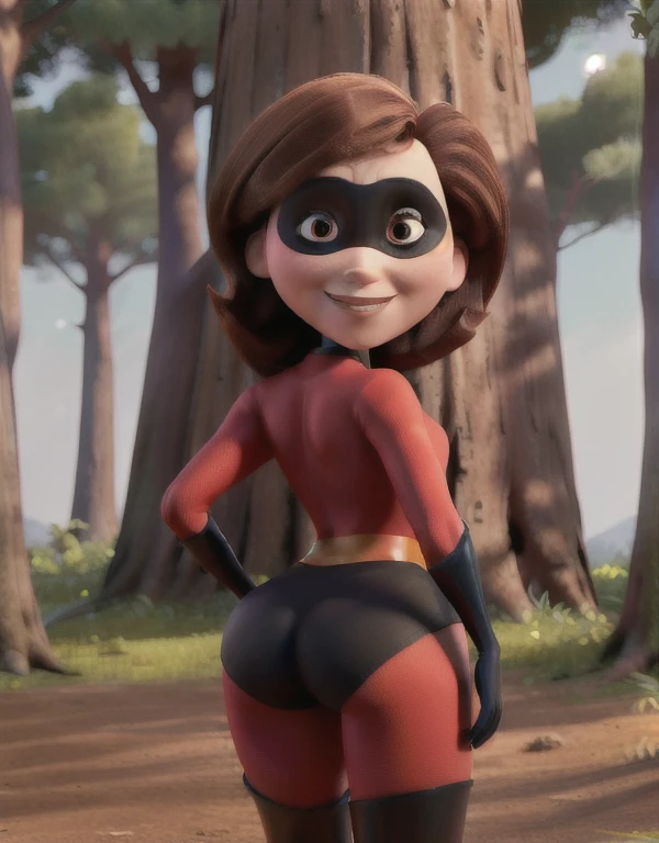 ((best quality)), ((highly detailed)), colorful, masterpiece, absurdres, (detailed eyes, deep eyes), (1girl), upper body}, helenparr, brown hair, brown eyes, smiling, domino mask, mask, bodysuit, black elbow gloves, thighhighs, thigh boots, (outdoors, in a pine_tree forest, morning) back view, ass