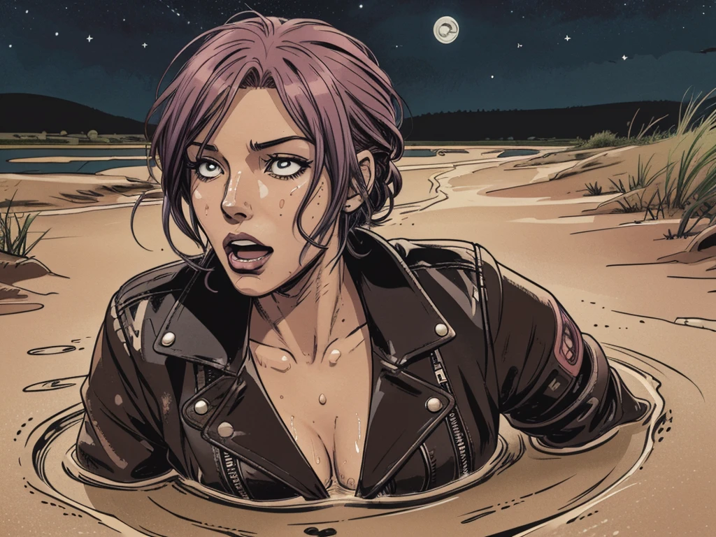 vector image, 2d cartoon,masterpiece,close-up:1.2, anime, 1head,colored hair, blush, drowned up to head,gloomy orgasm:1.2,swallowed by quicksand swamp, no body:1.2, hard breath, leather biker jacket, night sky, back view