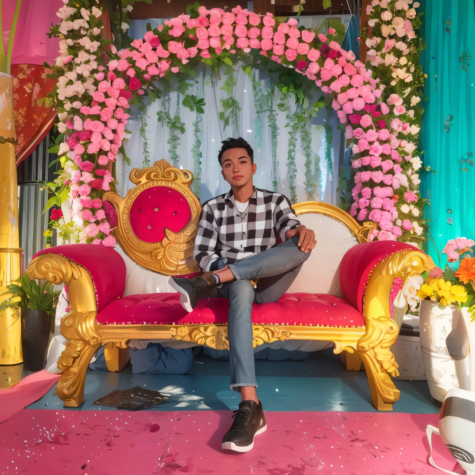 Sitting boy , jeans pant, black white shirt, handsome boy