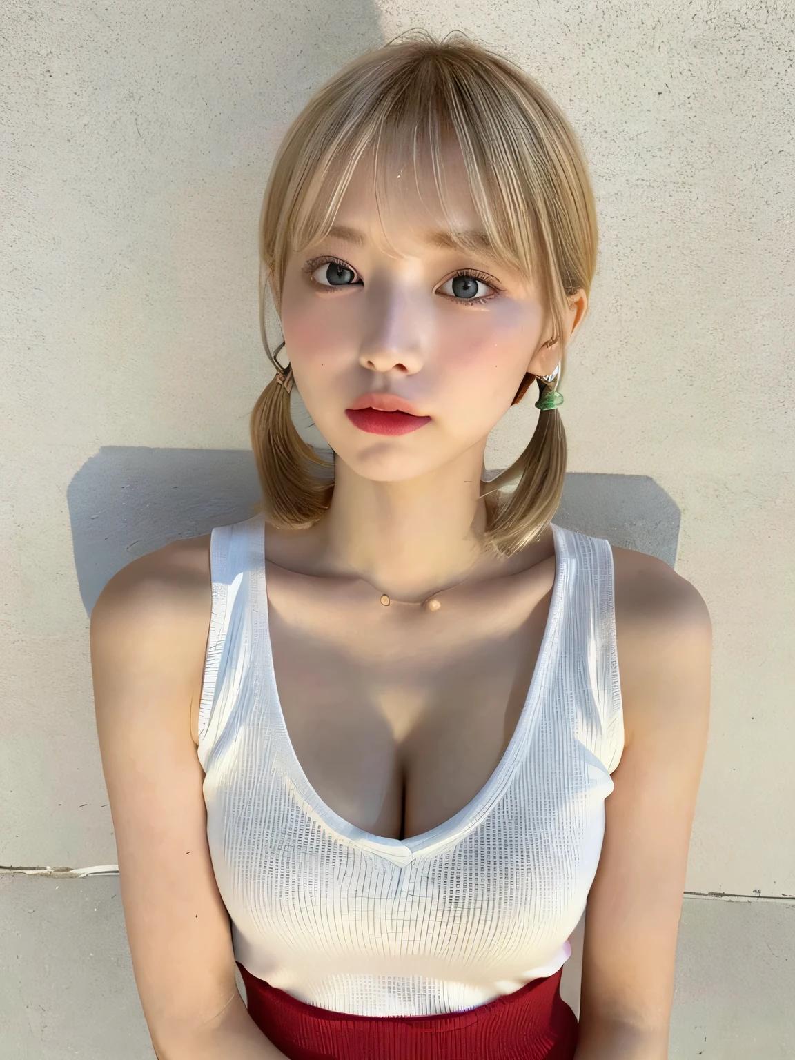 one person、Blonde、whole body photos、Red polo shirt、Cleavage、Green mini skirt、fun、Blonde、、whole body、slender、woman、White drool coming out of the mouth、Short hair, fair skin,Twin tails、Super cute、Soft and Face、Brown Hair、8k resolution、Surreal、Ultra high definition、 Soft Body、A-cup small breasts((Highest resolution、8k、masterpiece:1.3))、Ultra-fine face、Ultra Fine Lips、Beautiful Eyes、double eyelid,Slender figure、I can see your thighs、Shapely small breasts、Light blue wall