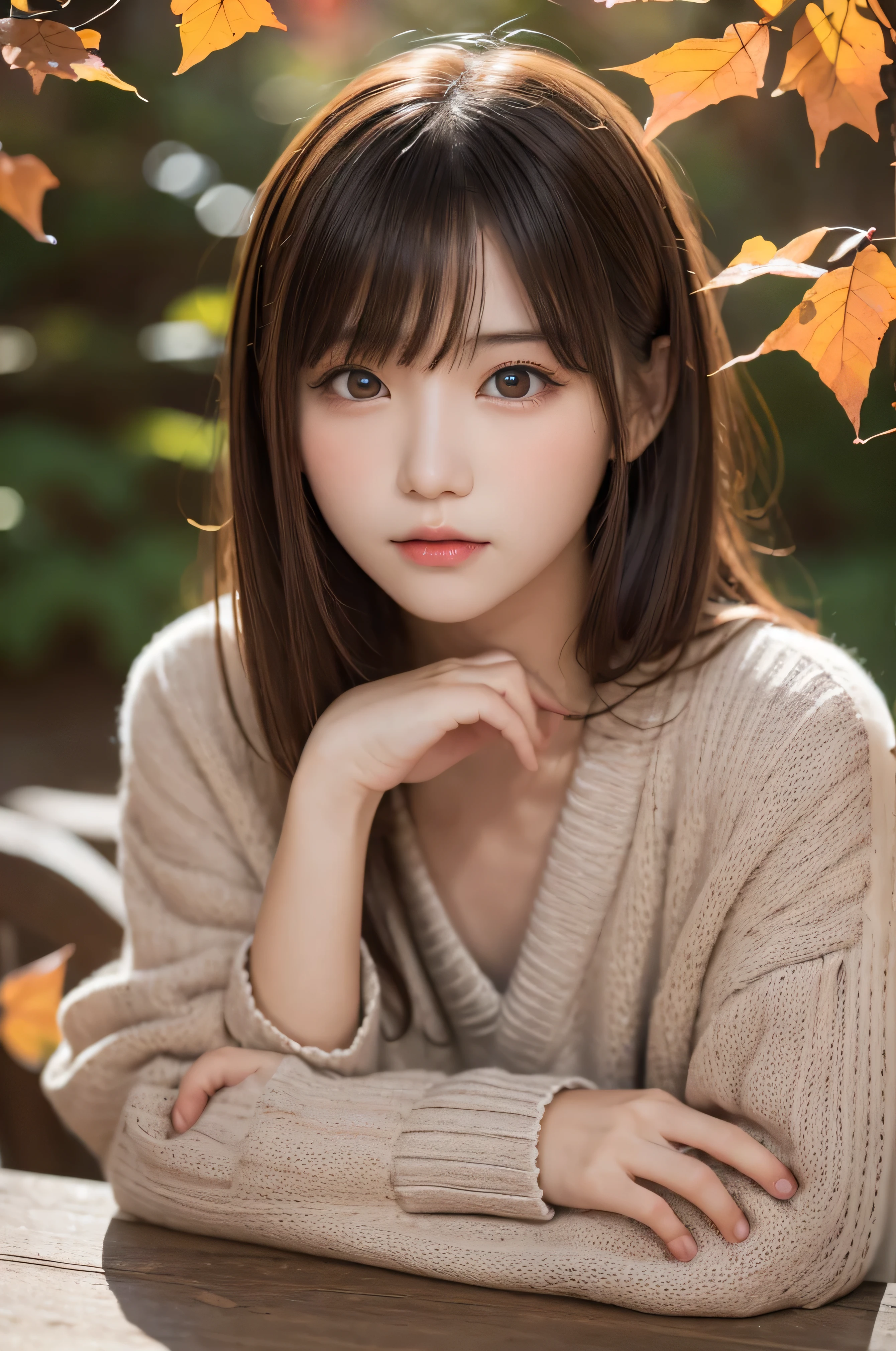 Tabletop, highest quality, One girl, (Beautiful girl, cute:1.3), (15 years old:1.3), Very fine grain definition, (Symmetrical eyes:1.3), (autumn leaves), (Tilden Cardigan:1.2), Small breasts, Brown eyes, Parted bangs, Brown Hair, girl