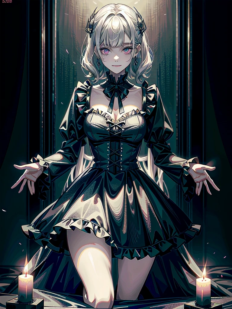 whole body, (inside basement), skirt, shirt, long sleeves, frills, evil grin, creepy, candles, hair ornament, (dolls), tapestry, horror theme, absurdres, RAW photo, extremely delicate and beautiful, masterpiece, Best Quality, ultra high resolution, 32k, hyperrealistic, ultra-detailed, detailed description, pale skin, 20 years old, tearful mole, earring, Colossal tits, short medium hair, wavy hair,