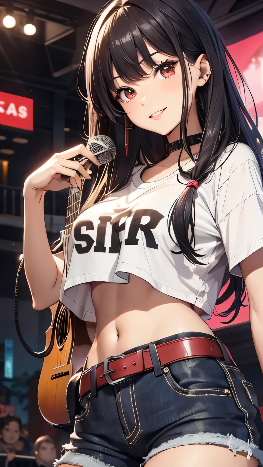 最high quality、Best image quality、masterpiece、girl((18-year-old、 By becoming、Best Bust、Medium Bust,Wide open breast tea、Red glowing eyes,Black Hair、Red Mesh、Disheveled Hair、Lointail、thin,The highest valley、Open chest、Luminous Wristbands、hair ornaments、Show the whole body,Black short sleeve T-shirt、Short denim trousers、Leaning forward、smile、Holding a guitar、Performance、sing)),high quality、Beautiful art、background((Large shopping malls,Square))、Flight、Flying debris、Written boundary depth、movie、Visual Arts、Perfect art、8K,Genuine,
