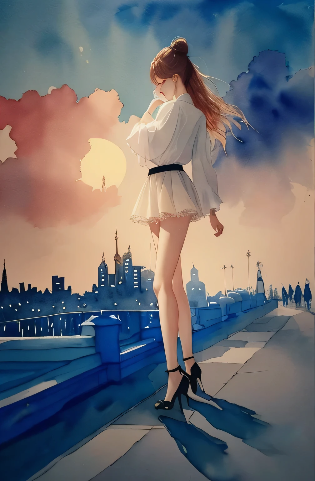 ealisitic、long legged、ful、Feminine、white shirt、a miniskirt、high-heels,extremely delicate face,Realistic lighting and shading, (an extremely delicate and beautiful art)1.3, Elegant,Dramatic shadows、ighly detailed。hightquality、hight resolution、raw、超A high resolution、The ultra-detailliert、(extremely delicate and beautiful)、ighly detailed、Real Shadows,frombelow、the city that never sleeps、Watercolor Touch、Bleeding、a woman , luminous design, pastel colours, ink drips, spring lights,Artistic,black and orange、