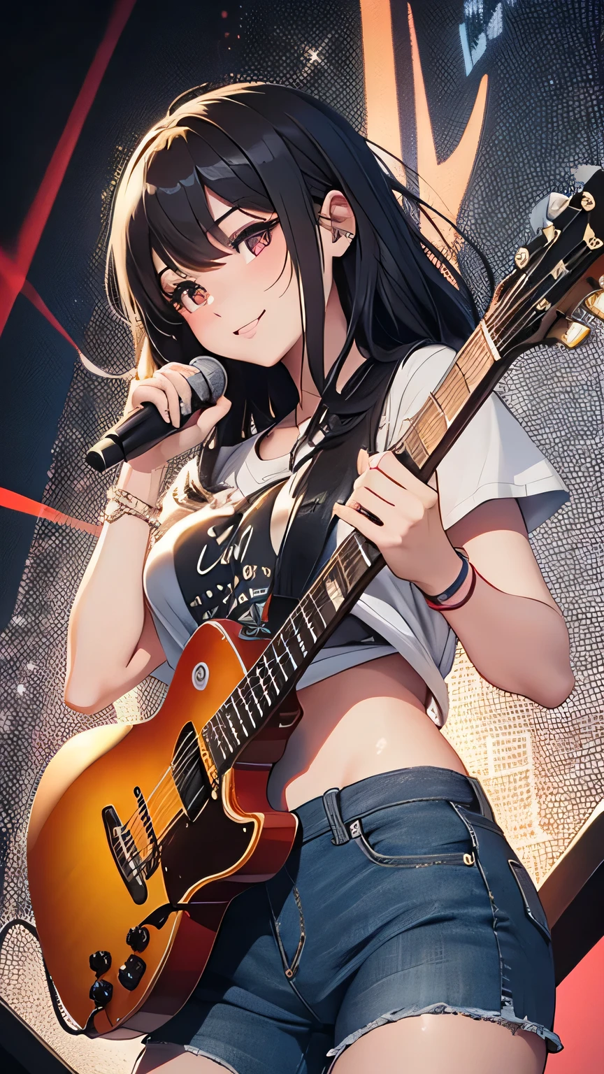 最high quality、Best image quality、masterpiece、girl((18-year-old、 By becoming、Best Bust、Medium Bust,Wide open breast tea、Red glowing eyes,Black Hair、Red Mesh、Disheveled Hair、Lointail、thin,The highest valley、Open chest、Luminous Wristbands、hair ornaments、Show the whole body,Black short sleeve T-shirt、Short denim trousers、Leaning forward、smile、Holding a guitar、Performance、sing)),high quality、Beautiful art、background((Large shopping malls,Square))、Flight、Flying debris、Written boundary depth、movie、Visual Arts、Perfect art、8K,Genuine,