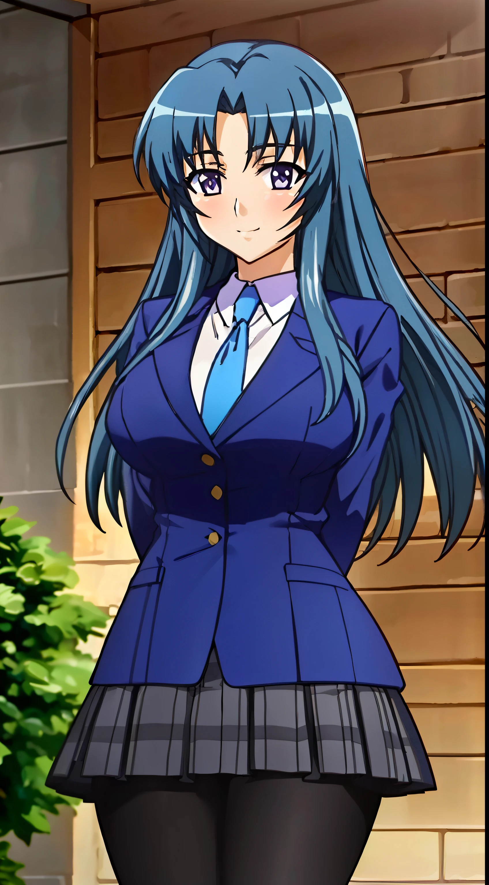 Masterpiece, Lots of details, 4k, (Extremely detailed), high resolution, movie light, Atmosphere light, official artwork, cowboy shoot, outdoor, school, Sayuri, 1 woman, alone, women's focus, long hair, blue hair, side lock, floating hair, purple eyes, looking at the audience, Blush, smile, , tied, jacket, fashion suit jacket, skirt, tights, Place your hands behind your back., Hidden Hands, standing, big breasts, miniskirt, plaid skirt,