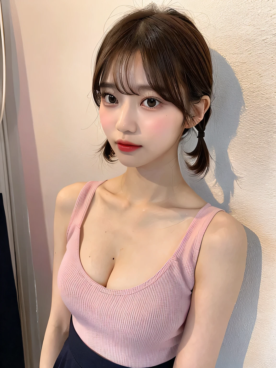 one person、whole body photos、Navy blue polo shirt、Cleavage、Green mini skirt、fun、、whole body、slender、woman、White drool coming out of the mouth、Short hair, fair skin,Twin tails、Super cute、Soft and Face、Brown Hair、8k resolution、Surreal、Ultra high definition、 Soft Body、A-cup small breasts（（Highest resolution、8k、masterpiece：1.3））、Ultra-fine face、Ultra Fine Lips、Beautiful Eyes、double eyelid,Slender figure、I can see your thighs、Shapely small breasts、Pink wall