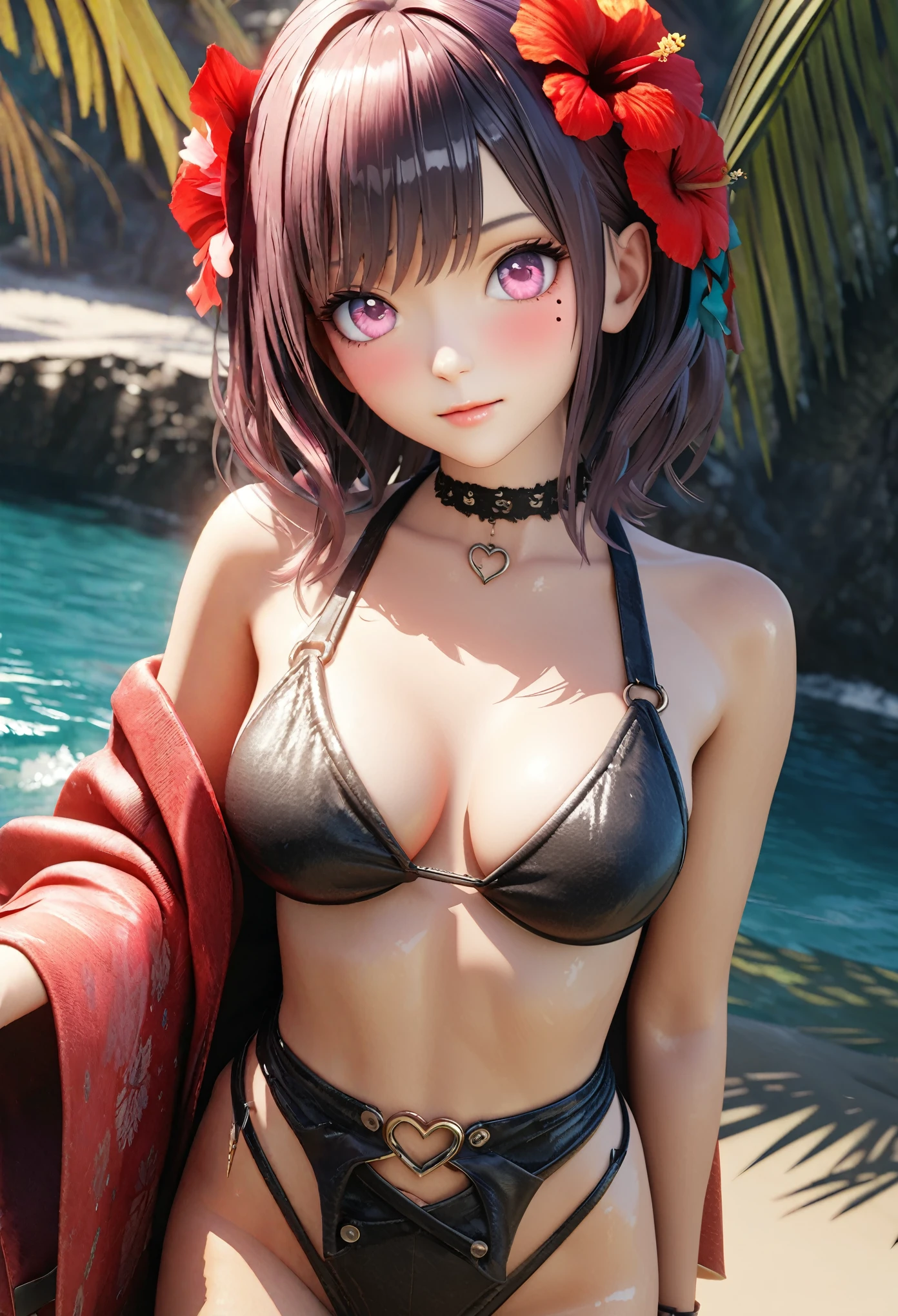 masterpiece,highest quality, Very detailed, High resolution, expensive resolution, High resolution, 4K, 8k, unity 8k wallpaper, Very detailed CG, masterpiece,  2D, 3D, Beautiful details, depth, Fine texture , highest quality: 1.3, Fully focused, Crispy.skin, .he,
Very cute anime girl 、bikini、Large Breasts、ピンクのセミロングヘア wearing expensive , One Girl、Palm tree、Seaside,  Mole under the eye, looking at the viewer , expensive , blush, Mole, Lips parted, Hibiscus Hair Accessories, heart, Pink Eyes, choker