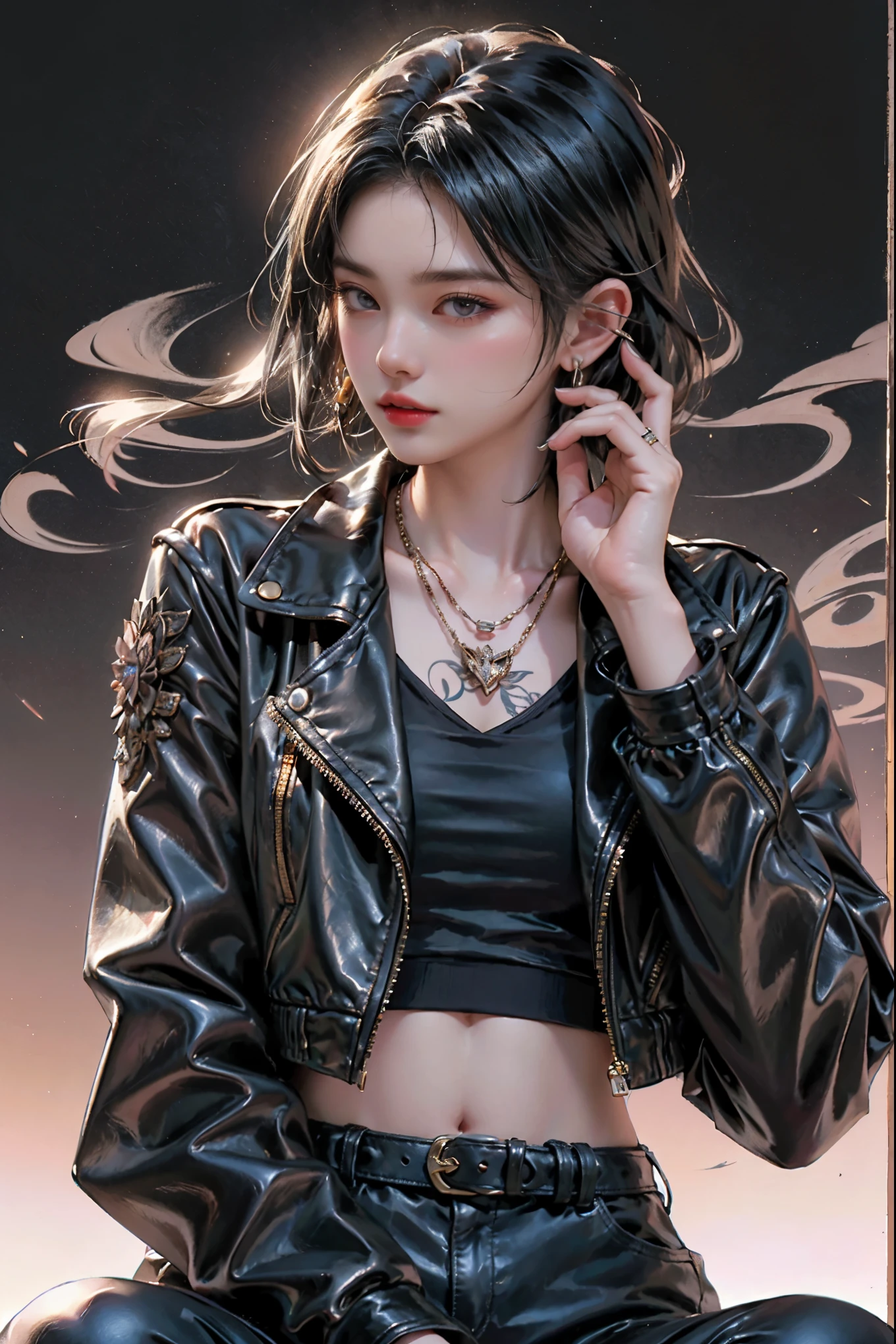 Fascinating digital illustration. A young woman with short styled hair and intricate tattoos is depicted. She wears a black leather jacket intricately designed with her floral motifs. She sits against a light-colored background and confidently smokes a cigarette while hiding part of her face with sunglasses. Smoke swirls around her, creating a magical atmosphere. The pendant necklace she wears adds an elegant touch to her edgy look.