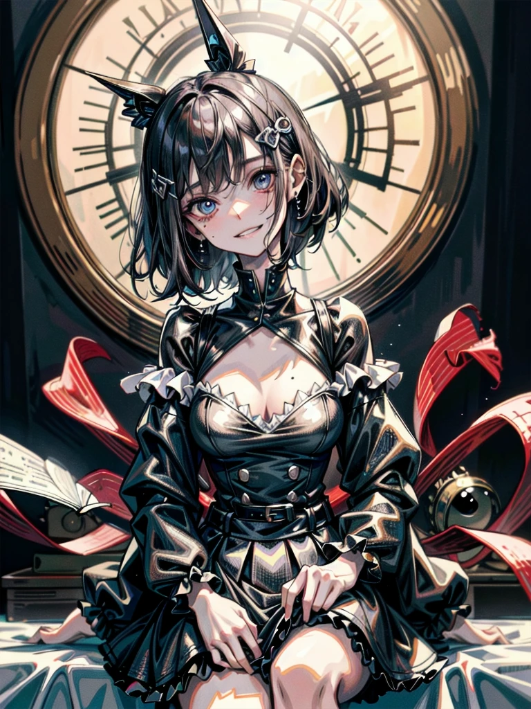whole body, (inside basement), skirt, shirt, long sleeves, frills, evil grin, creepy, candles, hair ornament, (dolls), tapestry, horror theme, absurdres, RAW photo, extremely delicate and beautiful, masterpiece, Best Quality, ultra high resolution, 32k, hyperrealistic, ultra-detailed, detailed description, pale skin, 20 years old, tearful mole, earring, Colossal tits, short medium hair, wavy hair, 