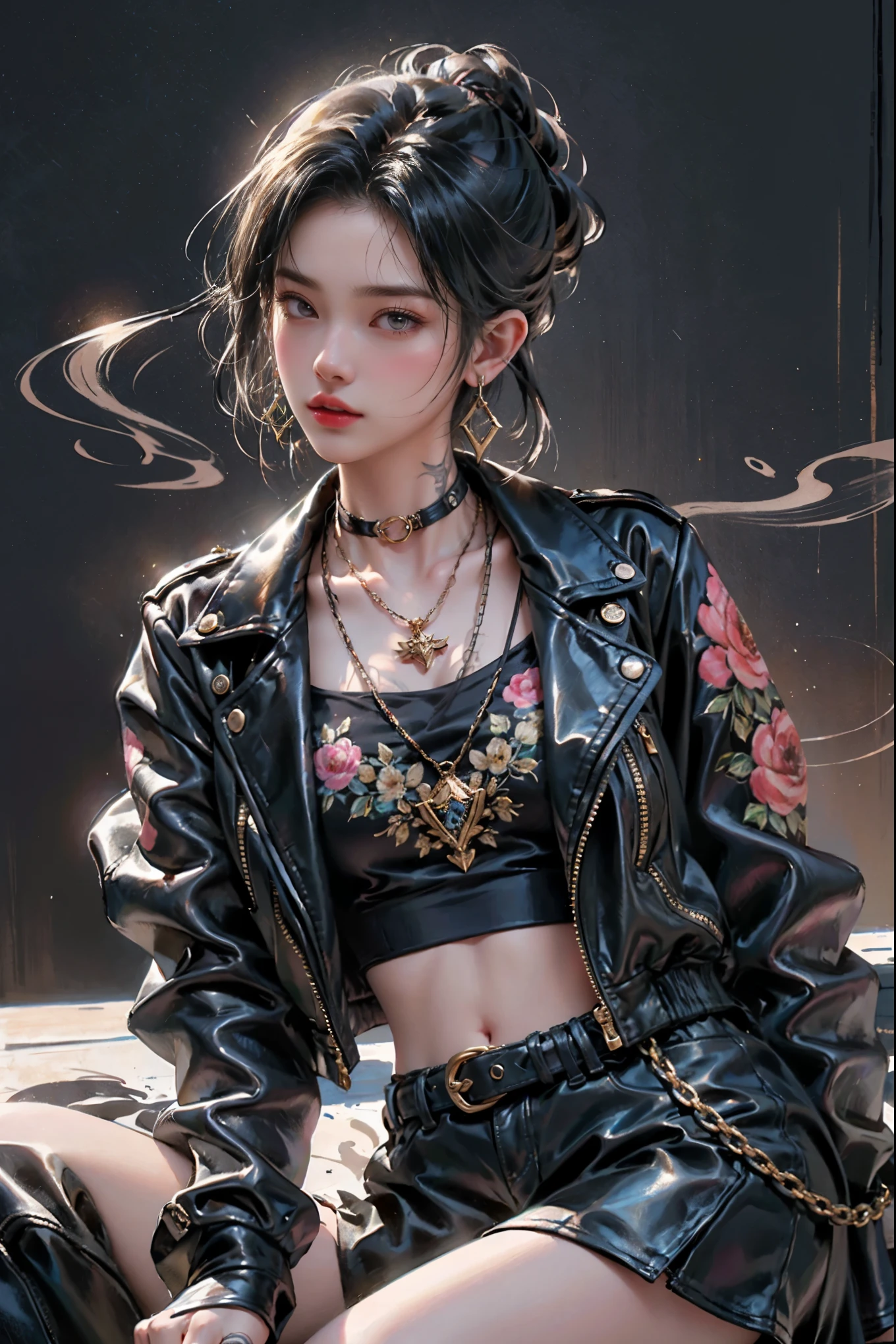 Fascinating digital illustration. A young woman with short styled hair and intricate tattoos is depicted. She wears a black leather jacket intricately designed with her floral motifs. She sits against a light-colored background and confidently smokes a cigarette while hiding part of her face with sunglasses. Smoke swirls around her, creating a magical atmosphere. The pendant necklace she wears adds an elegant touch to her edgy look.