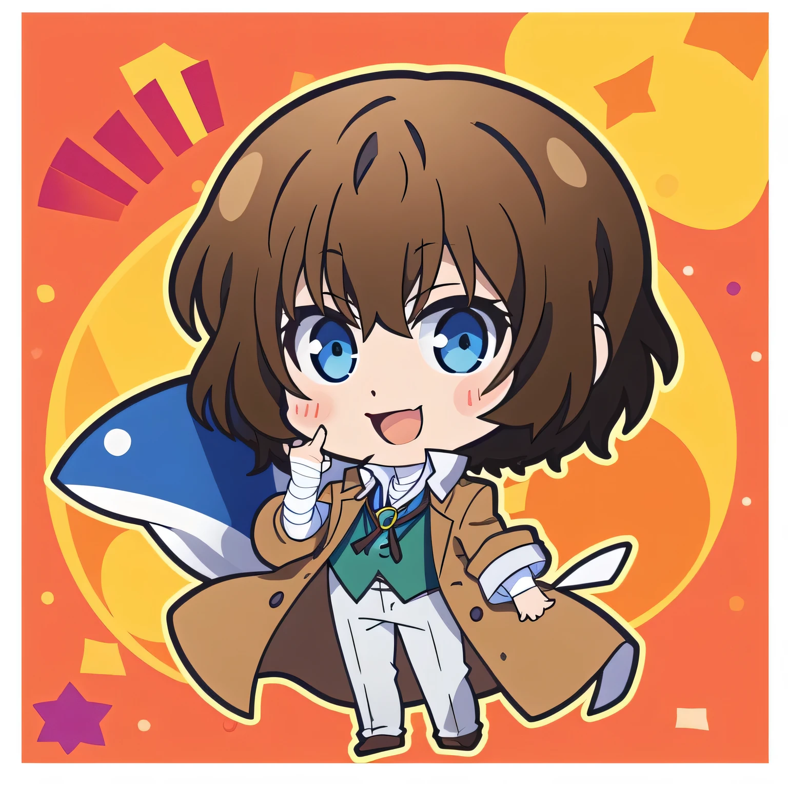 (obra de arte, melhor qualidade, high resolution, absurdos), Dazai, foco masculino, olhos castanhos, bandages, cabelo entre os olhos, Camisa, White pants, casaco bege, cabelo curto, vest, bandaged arm, , sorriso, fundo marrom com bolinhas