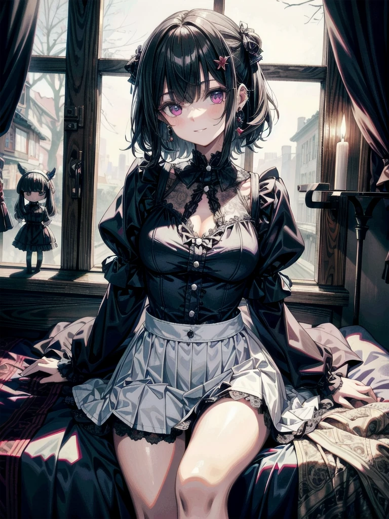 whole body, (inside basement), skirt, shirt, long sleeves, frills, evil grin, creepy, candles, hair ornament, (dolls), tapestry, horror theme, absurdres, RAW photo, extremely delicate and beautiful, masterpiece, Best Quality, ultra high resolution, 32k, hyperrealistic, ultra-detailed, detailed description, pale skin, 20 years old, tearful mole, earring, Colossal tits, short medium hair, wavy hair,