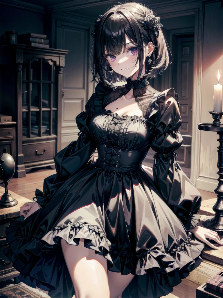 whole body, (inside basement), skirt, shirt, long sleeves, frills, evil grin, creepy, skull, (candles), hair ornament, dolls, tapestry, horror theme, absurdres, RAW photo, extremely delicate and beautiful, masterpiece, Best Quality, ultra high resolution, 32k, hyperrealistic, ultra-detailed, detailed description, pale skin, 20 years old, tearful mole, earring, Colossal tits, short medium hair, wavy hair,
