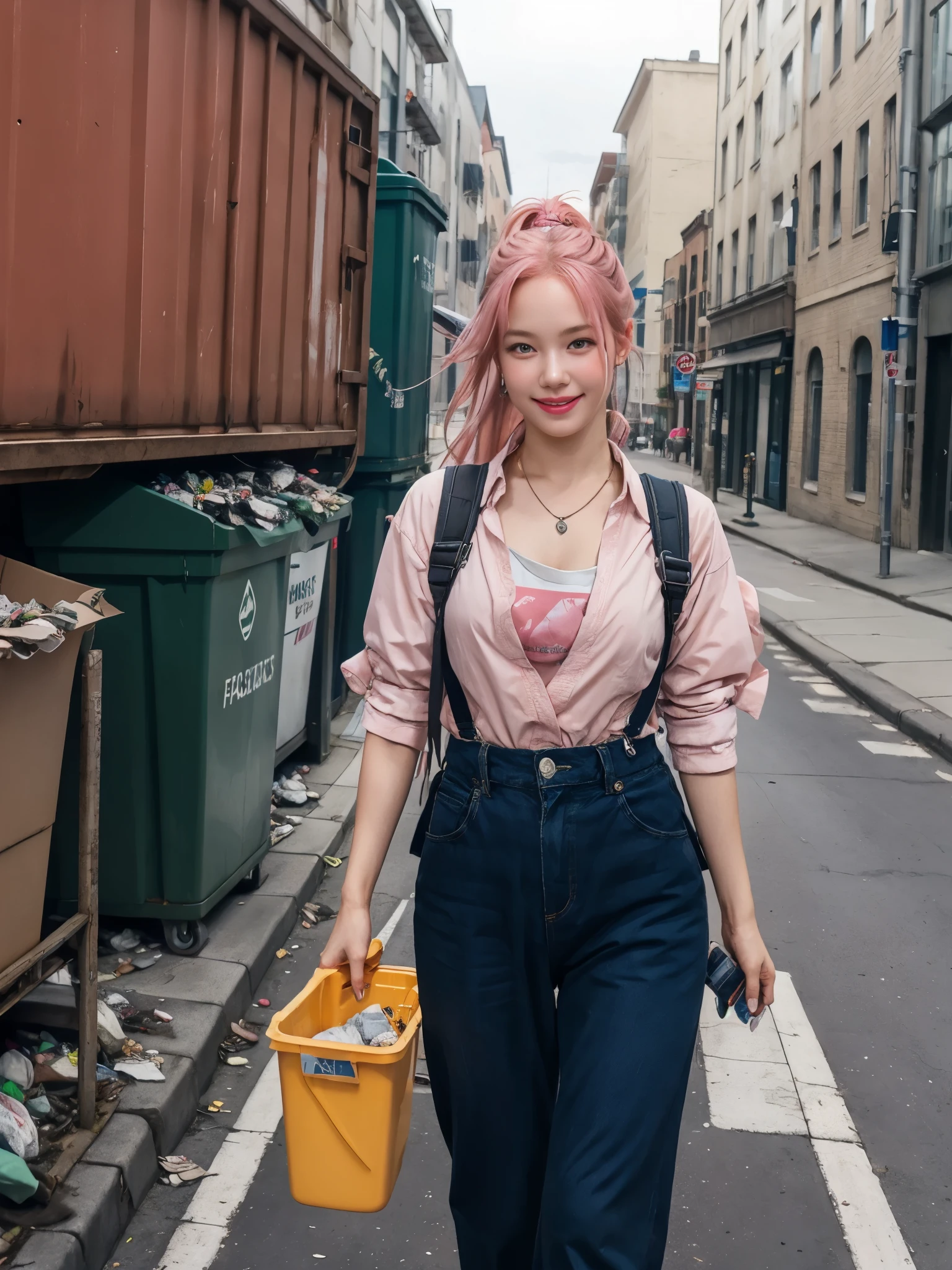 girl cleaning up street, BREAK, 1girl, waste collector uniform, garbage truck, dumpster, pile of garbage, street, cleavage, smile, Best quality, Works of masters, A high resolution, very long hair, high ponytail pink hair, wearing backpack full of garbage, 