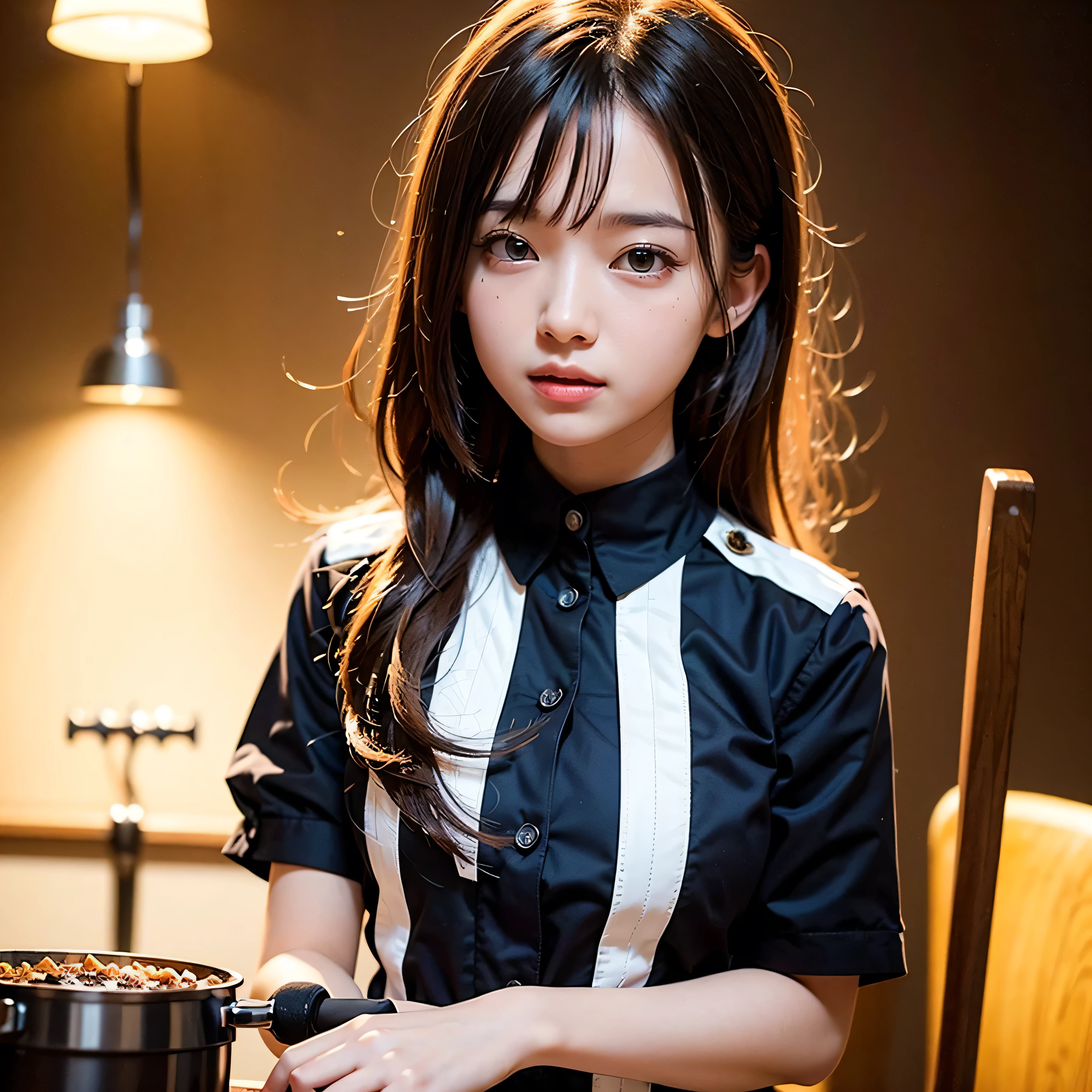 (Tabletop, highest quality:1.2), 8k, Official Art, RAW Photos, Full Board Bill 4、uniform、Get a broom and a stove、Clearing the landscape、Wear with a broom、Beautiful breasts are thin、18 years、、unbelievably ridiculous, (Upper Body、uniform:1.4), beautiful girl, Pretty face, lean back,、Gold ornament in hair、close, Sailor suit, Short sleeve, Violet, , View your viewers, Film Grain, chromatic aberration, Sharp focus, Face Light, Dynamic Lighting, Cinema Lighting, Eyes and facial details, Bokeh Background,