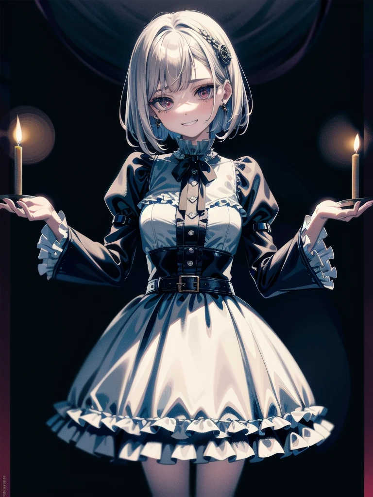 whole body, (inside basement), skirt, shirt, long sleeves, frills, evil grin, creepy, candles, hair ornament, (dolls), tapestry, horror theme, absurdres, RAW photo, extremely delicate and beautiful, masterpiece, Best Quality, ultra high resolution, 32k, hyperrealistic, ultra-detailed, detailed description, pale skin, 20 years old, tearful mole, earring, Colossal tits, short medium hair, wavy hair, 