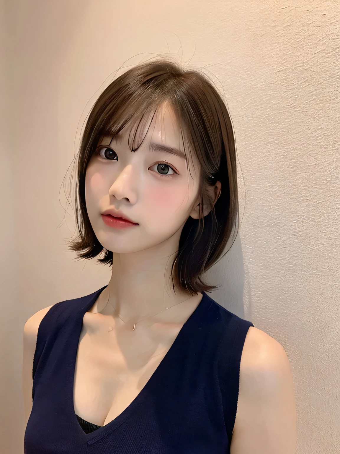 one person、whole body photos、Navy blue polo shirt、Cleavage、Green mini skirt、fun、14 years old、whole body、slender、woman、White drool coming out of the mouth、Short hair, fair skin,Short Bob Hair、Super cute、Soft and Face、Brown Hair、8k resolution、Surreal、Ultra high definition、 Soft Body、A-cup small breasts（（Highest resolution、8k、masterpiece：1.3））、Ultra-fine face、Ultra Fine Lips、Beautiful Eyes、double eyelid,Slender figure、I can see your thighs、Shapely small breasts、Pink wall