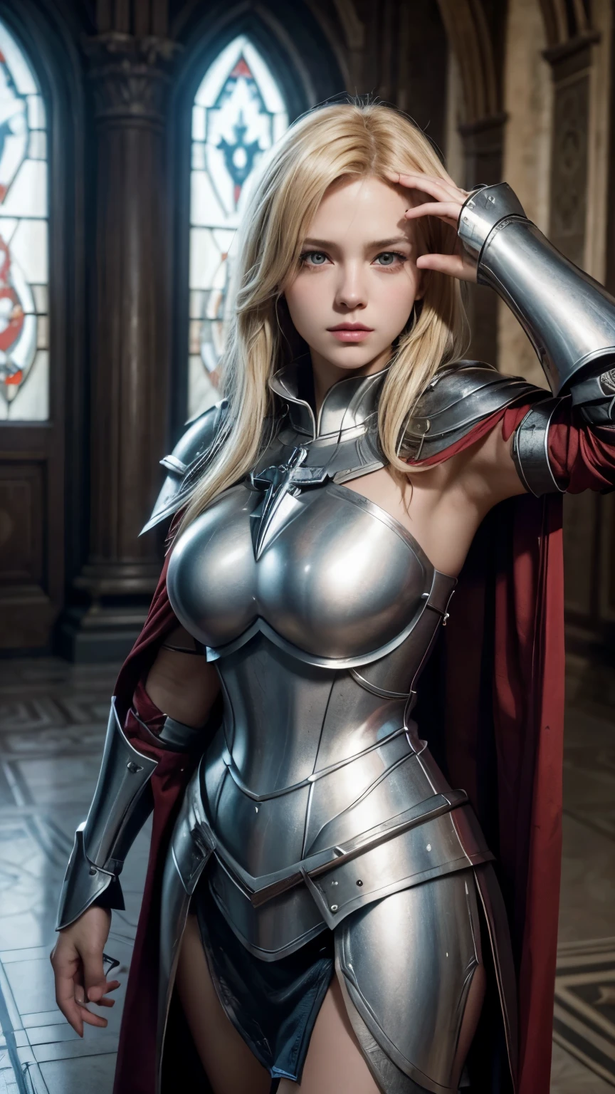 Blonde woman in armor takes a photo in a room, Amazing character art, Girl in Templar Knight Armor, 3d rendering character art 8k, of a beautiful female knight, 2. 5D CGI Anime Fantasy Artwork, Detailed digital anime art, Beautiful Female Templar Knight, Photorealistic Anime Girl Rendering, Highly detailed art gems, Fan Art Best Art Station, Beautiful woman in a Templar cloak, Templar woman with sword in hand, The cross in her armour, Red Cross, Realistic Sword, Detailed castle hall background