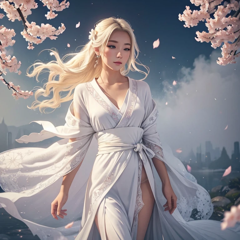 beautiful spirit master, pretty young European blonde woman, white weightless kimono, filigree sakura flower petals falling, poetic beautiful, atmosphere scene, extremely epic art, highly detailed, full-length, in pose, glitter, powdery, mist, bright colours, smoky, fog, soft, gentle, sparkles, 64 k, high octane render, UHD