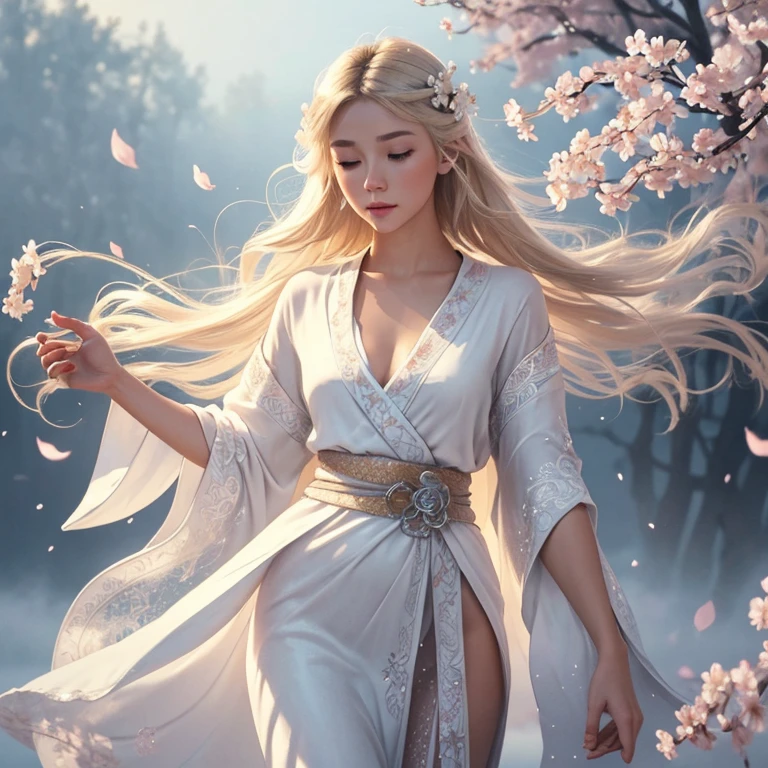 beautiful spirit master, pretty young European blonde woman, white weightless kimono, filigree sakura flower petals falling, poetic beautiful, atmosphere scene, extremely epic art, highly detailed, full-length, in pose, glitter, powdery, mist, bright colours, smoky, fog, soft, gentle, sparkles, 64 k, high octane render, UHD