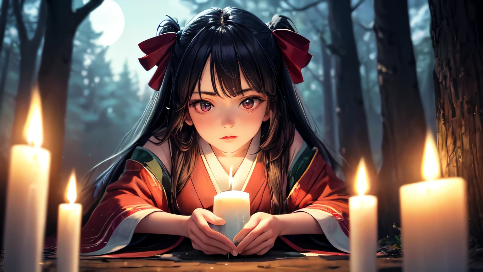 ((best quality)), ((masterpiece)), (detailed), perfect face, female ghost, red kimono, black ribbon, long hair, holding candle, night, forest, half moon, skull on the ground, raven