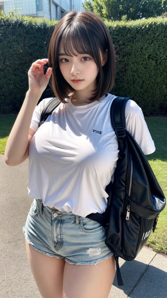 muste piece, best quality, illustration, Super detailed, fine details, High resolution, 8K,wall paper, perfect dynamic composition,(Details High quality, realistic depiction of eyes:1.3), oversized sport shirt, shorts women, small backpack, short bob hair, black hair color, Big Natural Color Lip, y pose, crying a little、cold gaze, Harajuku style、20 year old girl、cute type、lolposing Gravure Idol, full body photo、focus on crotch, huge breasts