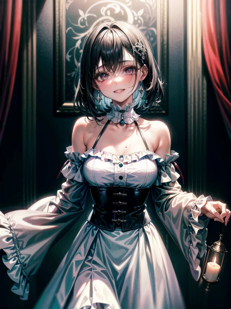 ((masterpiece, best quality, ultra-detailed, high resolution, extremely detailed CG, super detailed, Most beautiful clean lighting)), 1girl, small girl, under 12, cute girl, pretty face, smile, white skin, Beautiful black hair, hair cut in a row, bob cut, straight hair, black eyes, kawaii, slender, small build, flat chest, Fantasy world, world of death, black dress, skeletons, necromancer, necromancer, dark, magical world, Dark princesses, army of death, skeleton soldiers and a group of zombies.