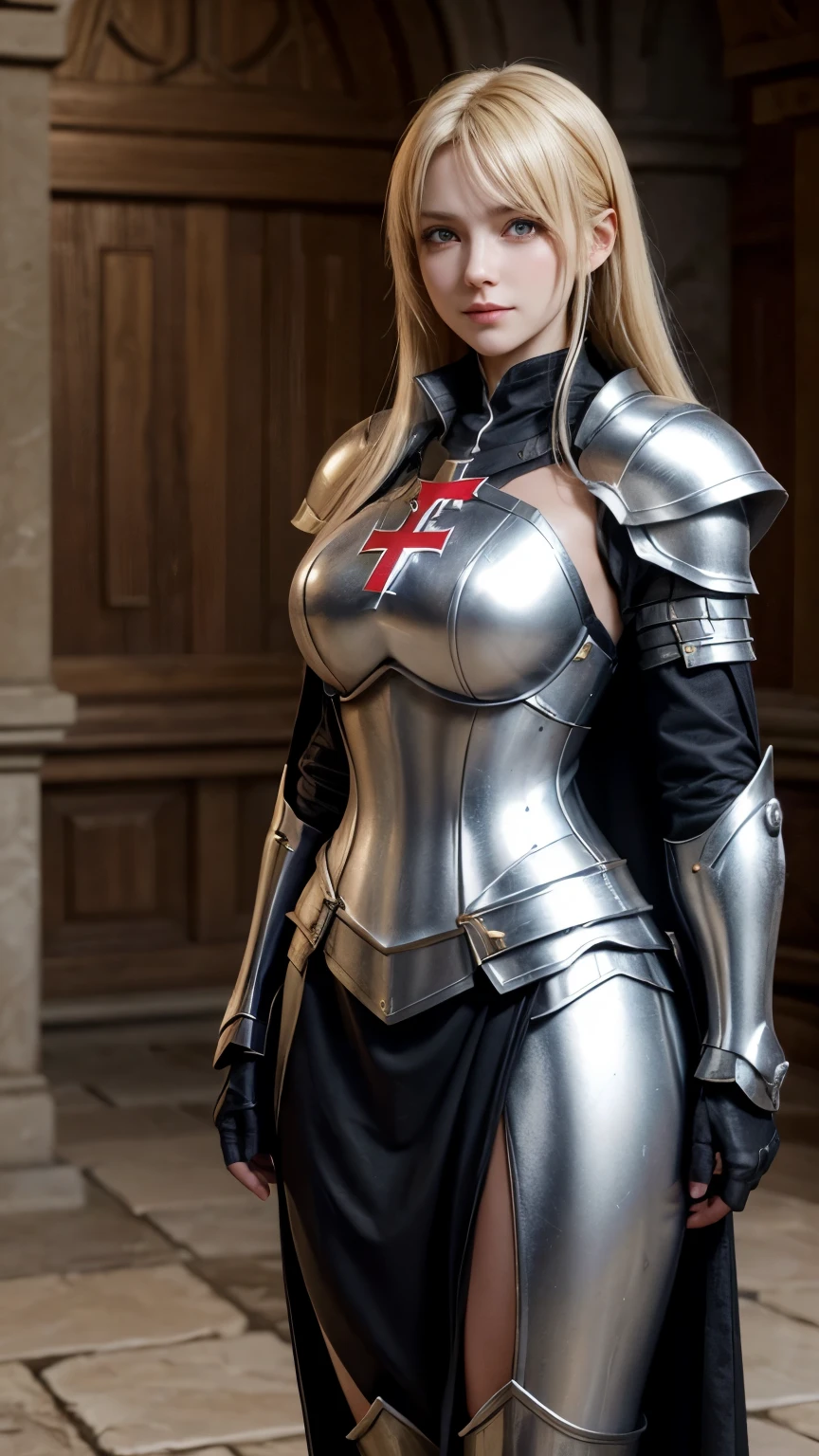 Blonde woman in armor takes a photo in a room, Amazing character art, Girl in Templar Knight Armor, 3d rendering character art 8k, of a beautiful female knight, 2. 5D CGI Anime Fantasy Artwork, Detailed digital anime art, Beautiful Female Templar Knight, Photorealistic Anime Girl Rendering, Highly detailed art gems, Fan Art Best Art Station, Beautiful woman in a Templar cloak, Templar woman with sword in hand, The cross in her armour, Red Cross, Realistic Sword, Detailed castle hall background、smile、