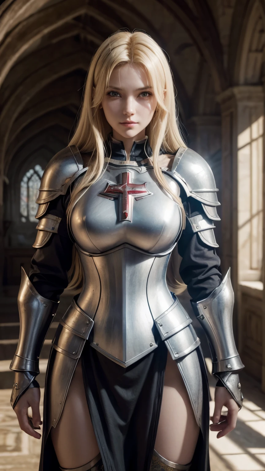 Blonde woman in armor takes a photo in a room, Amazing character art, Girl in Templar Knight Armor, 3d rendering character art 8k, of a beautiful female knight, 2. 5D CGI Anime Fantasy Artwork, Detailed digital anime art, Beautiful Female Templar Knight, Photorealistic Anime Girl Rendering, Highly detailed art gems, Fan Art Best Art Station, Beautiful woman in a Templar cloak, Templar woman with sword in hand, The cross in her armour, Red Cross, Realistic Sword, Detailed castle hall background、smile、