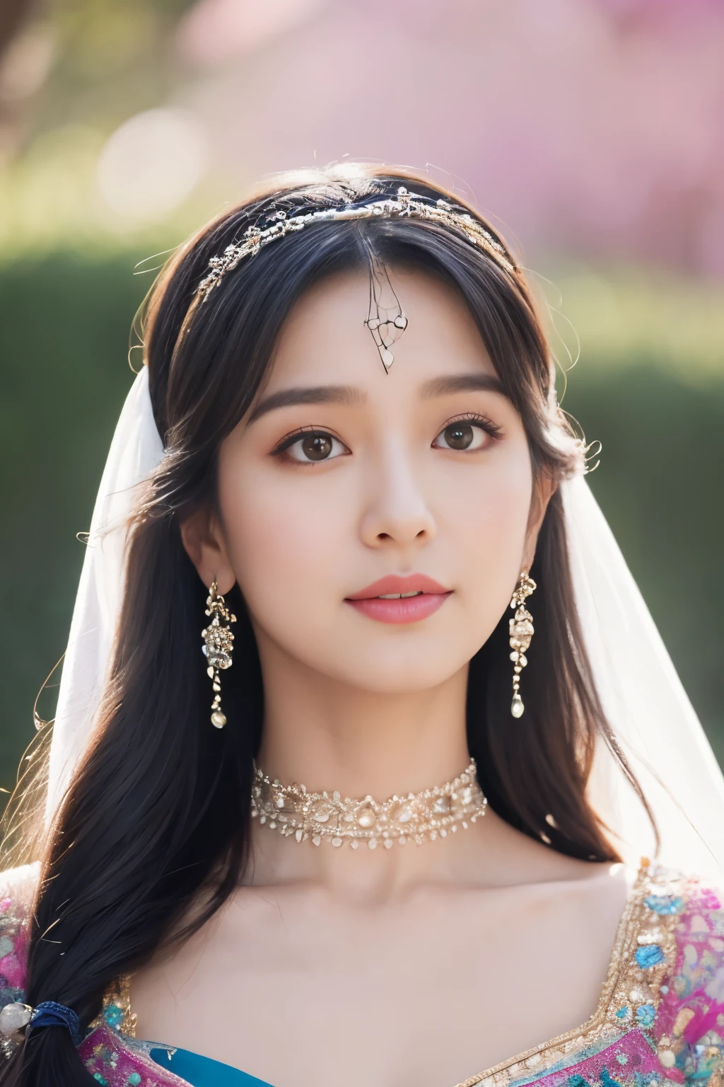 colorful, sky, flowers, magical, fantasy, tale, top-quality,Beautiful detailed hijabi,Bewitching face,tzuyu iu yooa ,long lashes,Wearing a colorful bellydancer,Detailed details,Colossal ,With cleavage, underboob, sideboob,stares at the camera, hogwarts