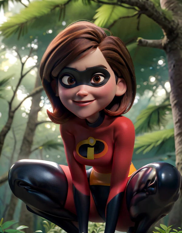 ((best quality)), ((highly detailed)), colourful, masterpiece, absurdres, (detailed eyes, deep eyes), (1girl), upper body}, helenparr, brown hair, brown eyes, smiling, domino mask, mask, bodysuit, black elbow gloves, thighhighs, thigh boots, (outdoors, in a pine_tree forest, morning), squatting, Under view 