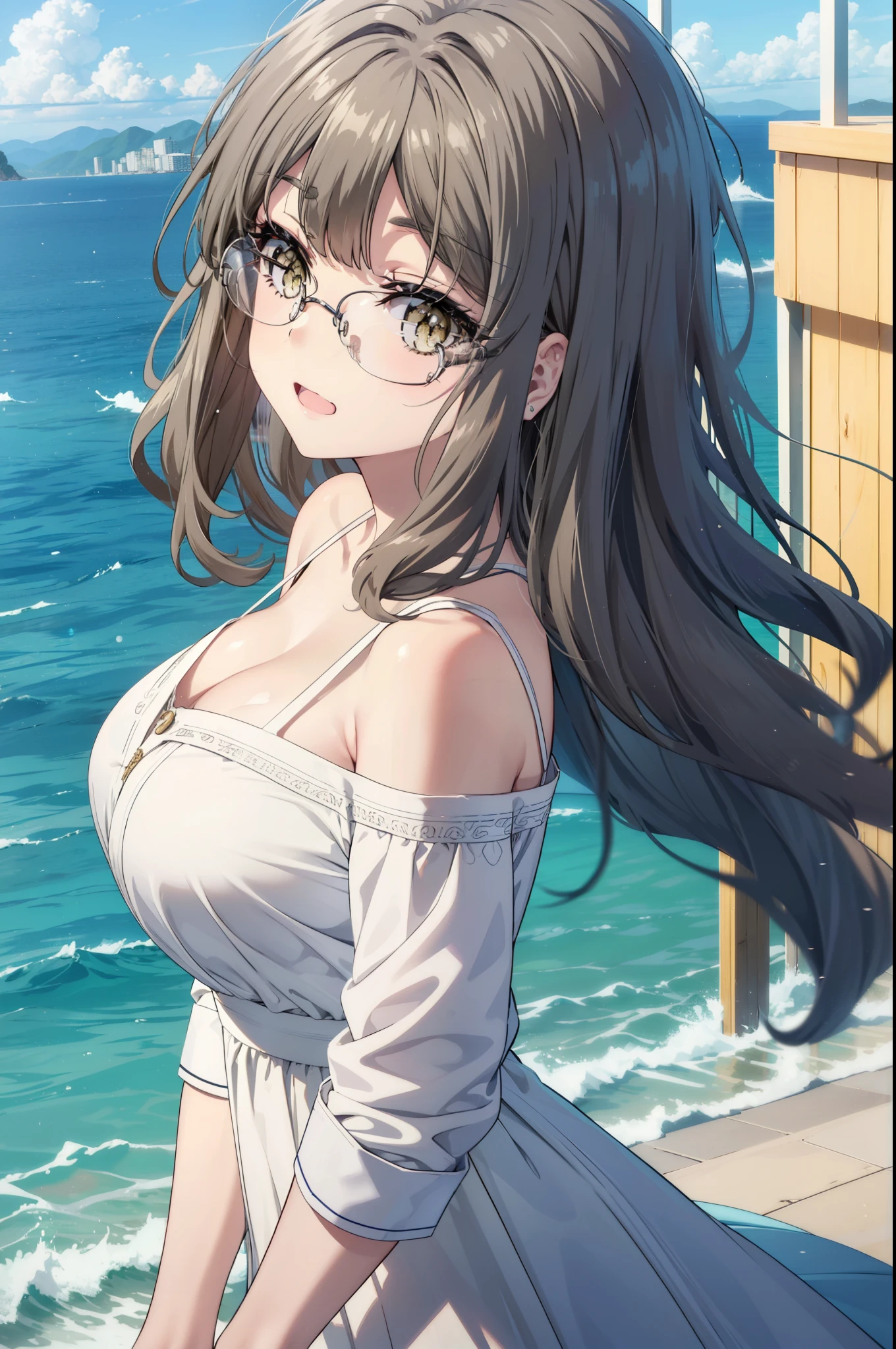 riofutaba, rio futaba, Long Hair, Brown Hair, (Brown eyes:1.5), Big Breasts,Glasses,happy smile, smile, Open your mouth,Off-the-shoulder dress,bare clavicle,Bare shoulders,Bare neck,Long skirt,Cute heeled sandals,Real Summer,Daytime,sunny,whole bodyがイラストに入るように歩いている,crowd, people々々々
break outdoors, city,Coastal Road,
break looking at viewer, whole body, 
break (masterpiece:1.2), highest quality, High resolution, unity 8k wallpaper, (shape:0.8), (Beautiful details:1.6), Highly detailed face, Perfect lighting, Extremely detailed CG, (Perfect hands, Perfect Anatomy),