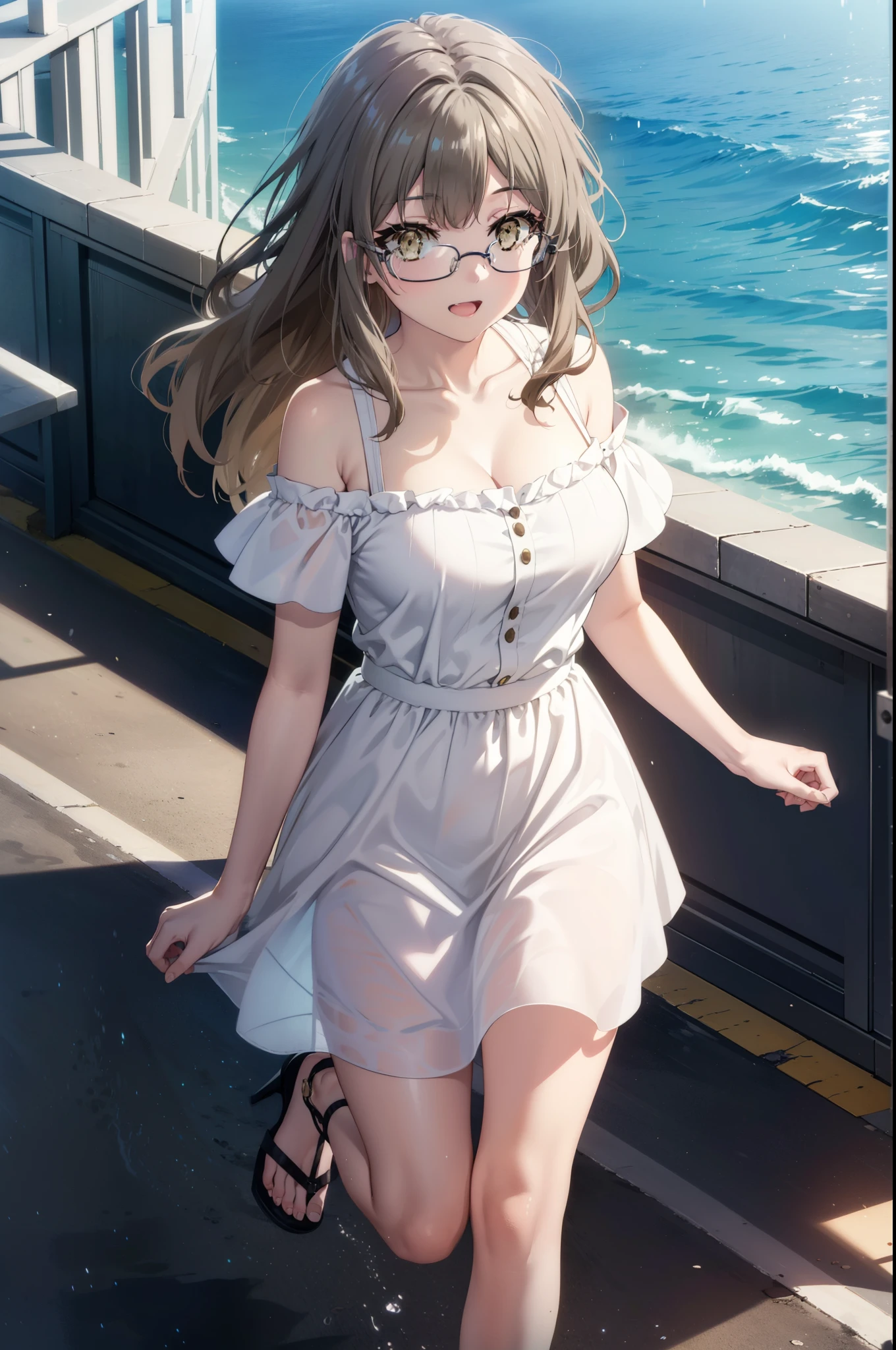 riofutaba, rio futaba, Long Hair, Brown Hair, (Brown eyes:1.5), Big Breasts,Glasses,happy smile, smile, Open your mouth,Off-the-shoulder dress,bare clavicle,Bare shoulders,Bare neck,Long skirt,Cute heeled sandals,Real Summer,Daytime,sunny,whole bodyがイラストに入るように歩いている,crowd, people々々々
break outdoors, city,Coastal Road,
break looking at viewer, whole body, 
break (masterpiece:1.2), highest quality, High resolution, unity 8k wallpaper, (shape:0.8), (Beautiful details:1.6), Highly detailed face, Perfect lighting, Extremely detailed CG, (Perfect hands, Perfect Anatomy),