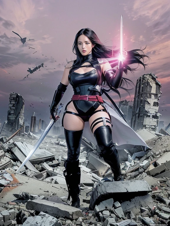 a woman in a black outfit holding a sword and standing in a pile of rubble, psylocke, frank cho comic art, background of stone and building rubbles, destroyed buildings