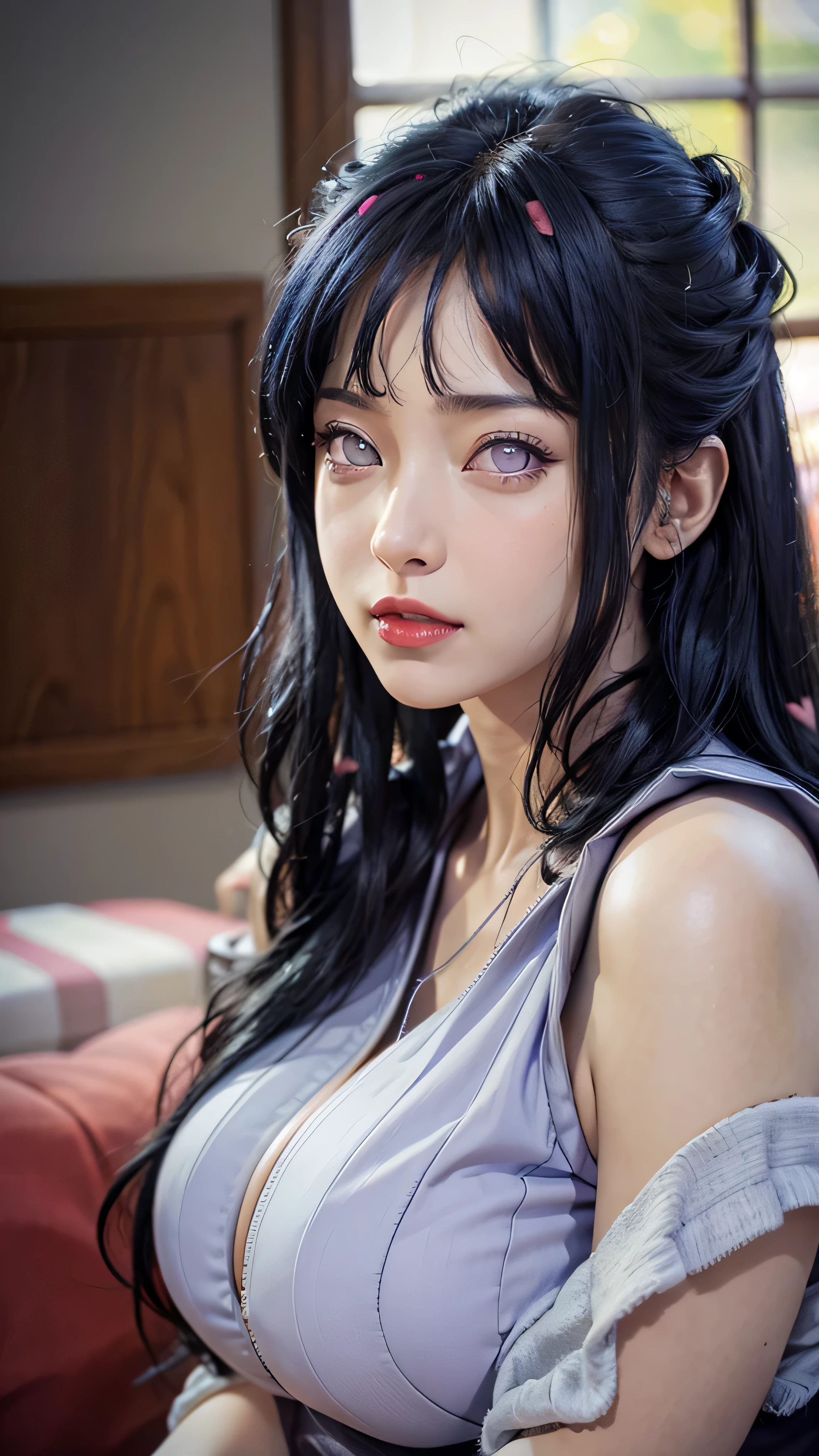 (best quality,4k,8k,highres,masterpiece:1.2),ultra-detailed,(realistic,photorealistic,photo-realistic:1.37), 1girl,17 years old, hyuga hinata in anime naruto shippuden, long hair with bang , dark blue hair,white eyes, byakugan eyes, beautiful detailed eyes, realistic eyes,realistic skin beautiful detailed lips, beautiful detailed face, medium breast,smile, purple clothes, indoor background, red lips,hand give signal love to camera, vivid colors, sharp focus, anime, portraits, perfect lighting, fine painting, sitting on sofa,physically-based rendering