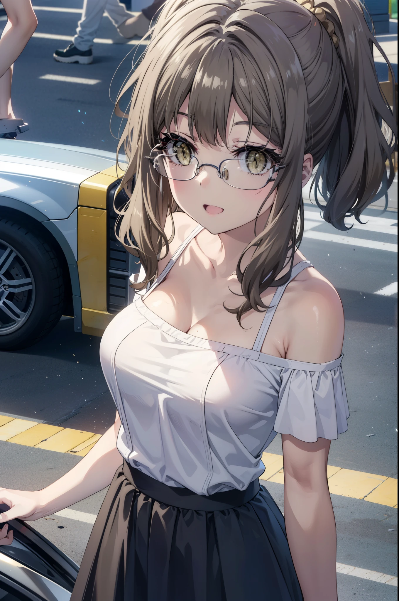 riofutaba, rio futaba, Long Hair, Brown Hair, (Brown eyes:1.5), Big Breasts,Glasses,happy smile, smile, Open your mouth,Off-the-shoulder dress,bare clavicle,Bare shoulders,Bare neck,Long skirt,Cute heeled sandals,Real Summer,Daytime,sunny,whole bodyがイラストに入るように歩いている,crowd, people々々々
break outdoors, city,Coastal Road,
break looking at viewer, whole body, 
break (masterpiece:1.2), highest quality, High resolution, unity 8k wallpaper, (shape:0.8), (Beautiful details:1.6), Highly detailed face, Perfect lighting, Extremely detailed CG, (Perfect hands, Perfect Anatomy),