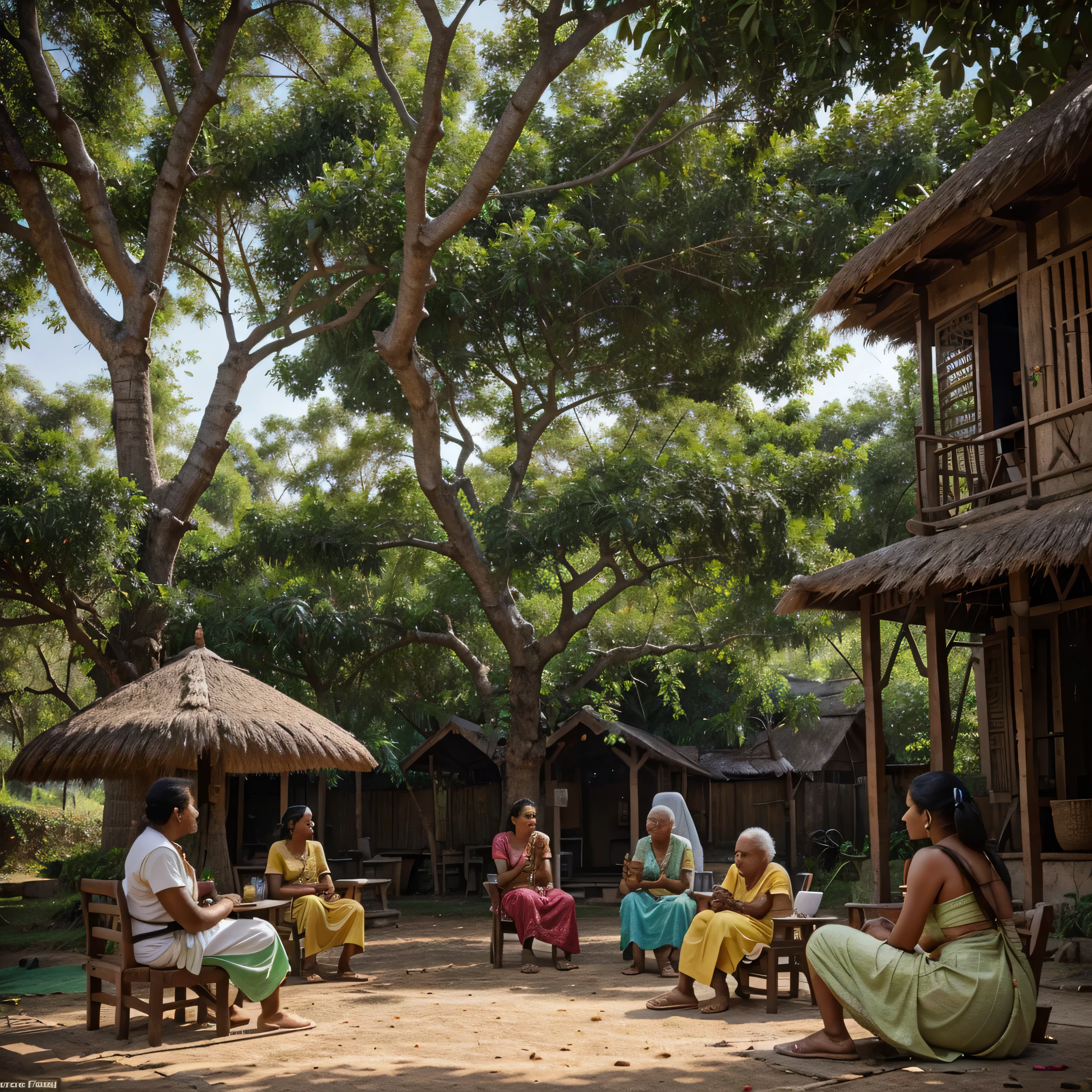 A hyper realistic image of a village in which a big baniyan tree in the mid of the village in which all elders sitting and gossiping with friends and family members and children playing with each other in the night, Indian look , huts, beautiful womens in beautiful dresses, masterpiece, best quality.