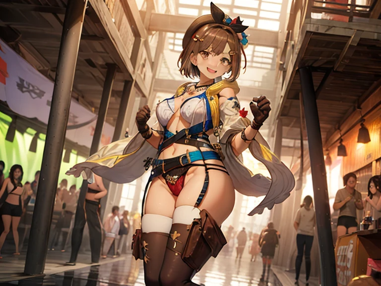 ((highest quality)), ((masterpiece)),High resolution,Sharp focus,(Super detailed,Very detailed),(Very detailed CG unity 8k wallpaper),
(((Vibrant colors))), Perfect Face,
Liza Lynn Stout, Raisalin Stout,
Big Ass,Big Breasts,glamorous_expensive_Tight waist_Long legs,curve,Thighs,curvy,
very shiny 肌,Shiny body,plastic glitter 肌,exaggerated shiny 肌,illuminated skin,
cute,Lewd,erotic,Bold,Camel Toe,short hair,Brown Hair,Knee socks,gloves, brown gloves, 片手gloves,レザー gloves,
White Hat, Star Necklace,hair ornaments, (Brown eyes:1.5), Hair Clip,
8k wallpaper, (figure:0.8), (Beautiful fine details:1.6),
Very detailedな顔, Very detailedなCG, (Perfect hands, Perfect Anatomy),
smile, Open your mouth,
Dancing, swing , Step forward strongly, Lift your legs,
floating, Twisted body, floating hair, Fluttering Hair, (A face with attention to detail, Very detailedな目),
(SFW:1.25), Belly dance, Arabian, Clothing and accessories with intricate detailing,
See-through clothing, Mesh robe, Great festival show,
Sexy Dance, Lean back, Show your crotch, View your viewers, セクシーなsmile, Dutch Angle,
From below, 側面figure, floating extra slingshot swimsuit, splash, Bokeh,
extra floating slingshot swimsuit,