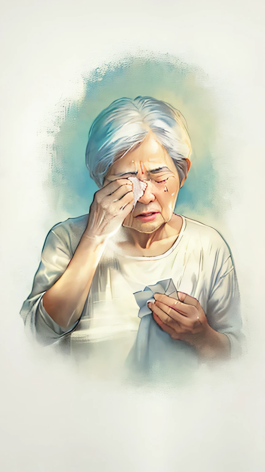 There is a painting,The painting shows a middle-aged Asian woman covering her eyes with her hands, Woman cry, People cry, Hand drawn illustration, crying one single Tears, sad, crying many Tearss, crying Tearss, Cry and vomit, Old woman, Tearss dripping from the eyes, Tears, Older women, cry, Beautiful portrait of a desperate man, Tearss drip from the eyes, An old man, Light background, Solid color background, Monotonous background