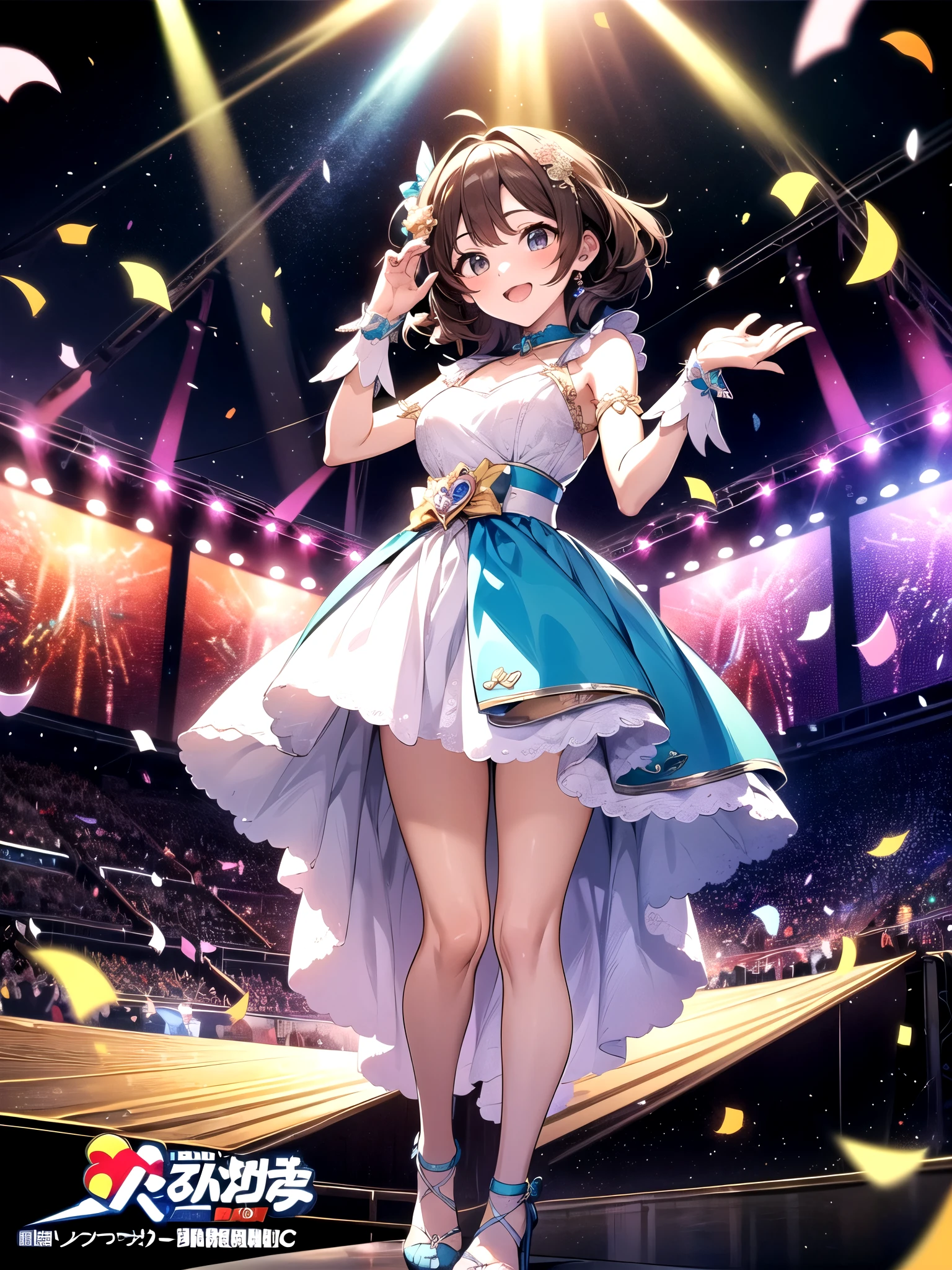 Idol girl in dress dancing on stage with confetti, a photo by Kamagurka, Pixiv Contest Winner, conceptual art, nightcore, splash art anime loli, sparkling magical girl, best anime 4k konachan wallpaper, anime moe art style, Detailed key anime art, official artwork, idolmaster, Cute, Cute in dress、Hands up、jumpping